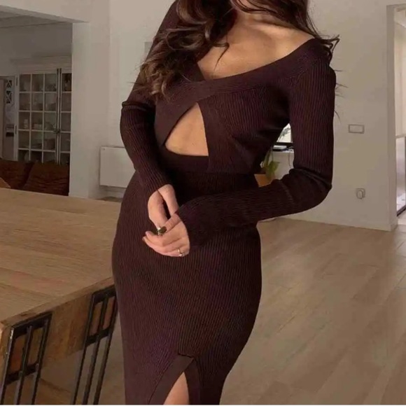 NWOT ZARA Cut Out Knit Dress with slit in color brown (size M) - Picture 3 of 6